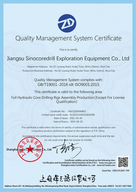 Cina Jiangsu Sinocoredrill Exploration Equipment Co., Ltd Sertifikasi